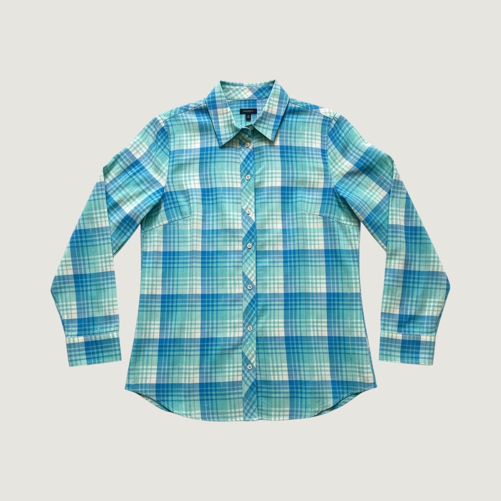 Talbots Women's Teal And Aqua Plaid Long Sleeve Button Down Shirt Size Medium